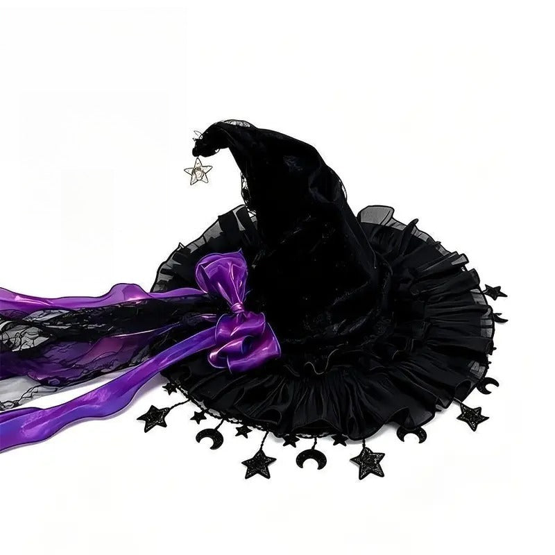 Women’s Gothic Witch Hat with Tulle & Long Satin Ribbon Bow – Star & Moon Charm Ruffle Brim Halloween Costume Hat