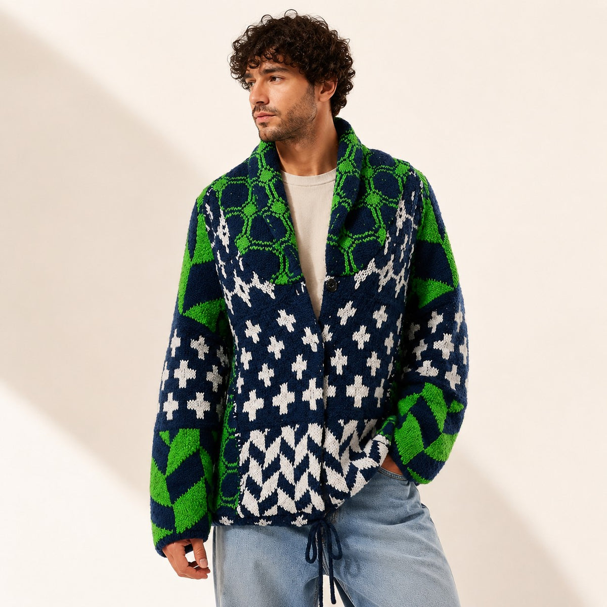 Unisex Oversized Patterned Knit Cardigan – Vintage Boho Button-Front Sweater, Relaxed Long Sleeve Casual Fall Streetwear