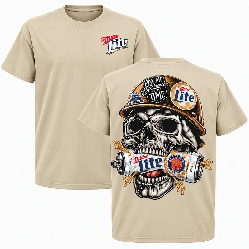 Miller Lite Skull Blue Collar Graphic T-Shirt, Sweatshirt & Hoodie – Beer Lover Workwear & Tradesman Graphic Apparel