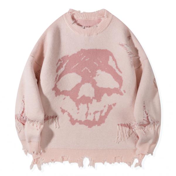 Vintage Distressed Skull Knit Sweater – Gothic Ripped Graphic Pullover, Alternative Streetwear