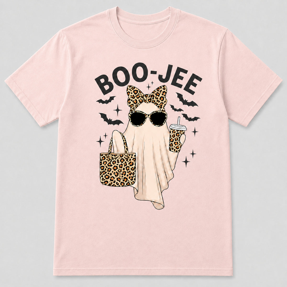 Boo-Jee Ghost Graphic T-Shirt, Sweatshirt & Hoodie – Leopard Print Halloween Ghost, Funny Coffee Spooky Season Apparel