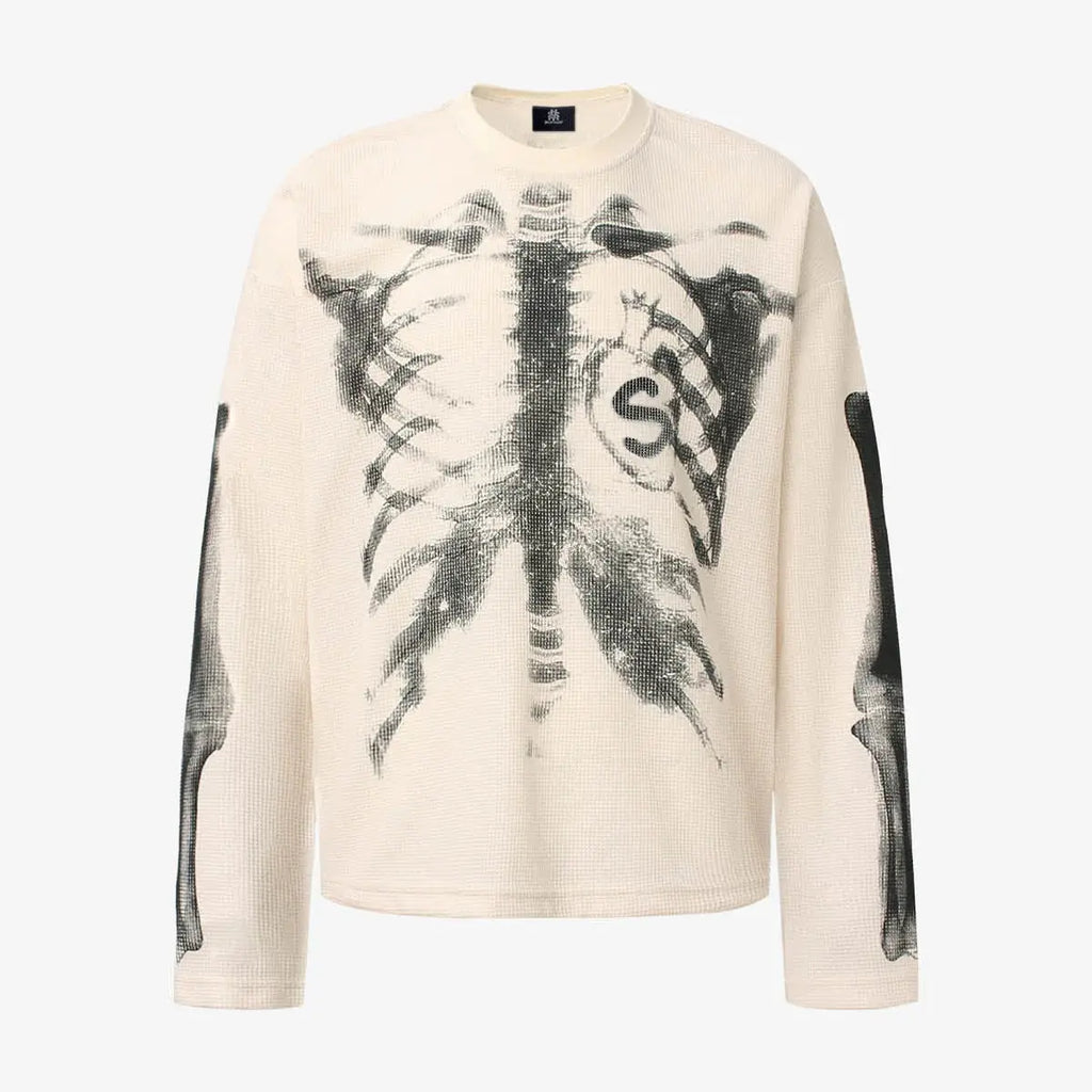 Skeleton X-Ray Graphic Sweatshirt – Rib Cage & Bone Print Long Sleeve Pullover, Gothic Halloween Alternative Streetwear