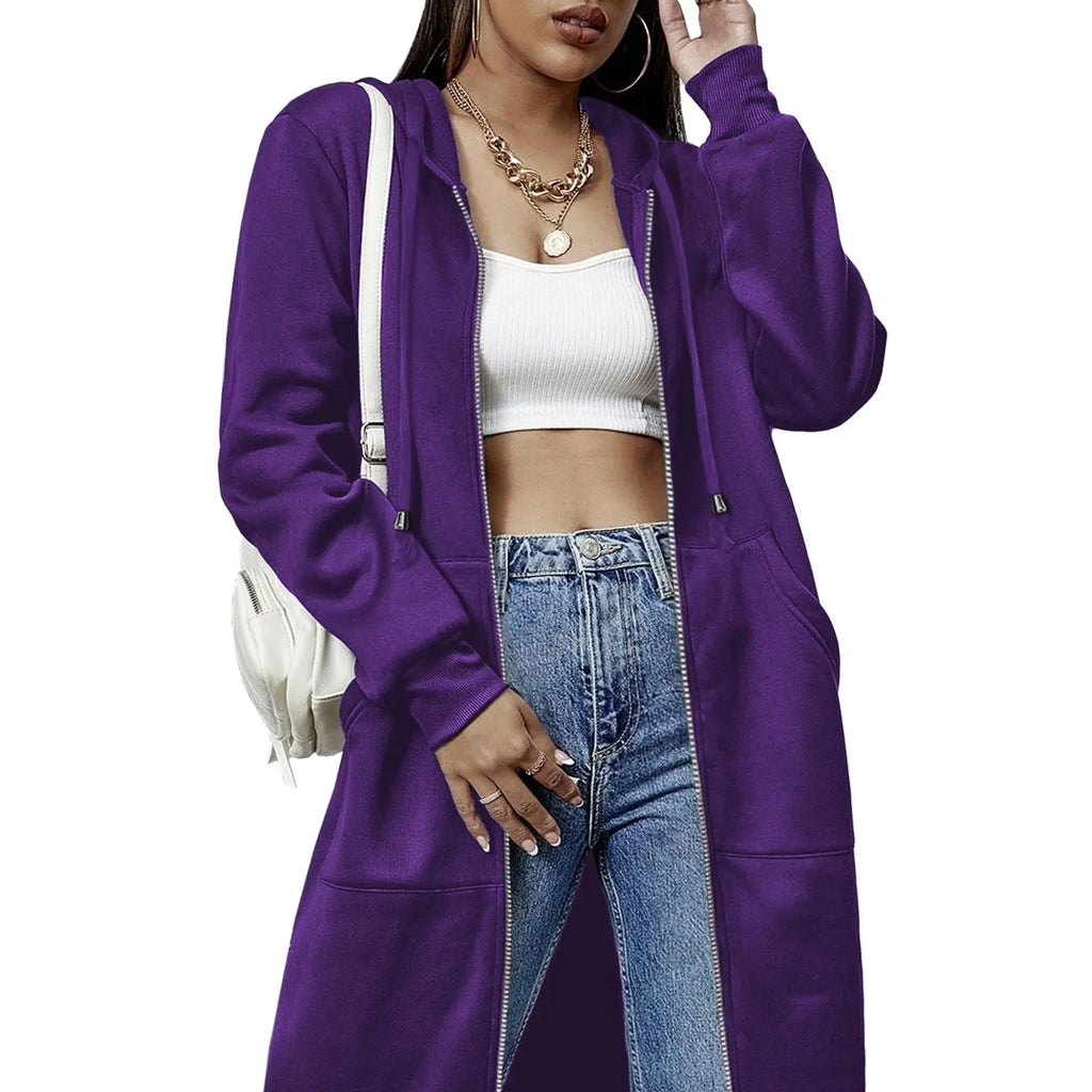 Women's Long Zip Up Hoodie Jacket – Casual Hooded Sweatshirt Coat, Longline Streetwear Outerwear for Fall & Everyday Wear