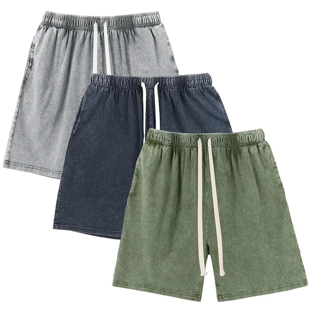 Men's Vintage Washed Cotton Sweat Shorts – Elastic Waist Drawstring Athletic Shorts with Pockets for Gym & Casual Wear