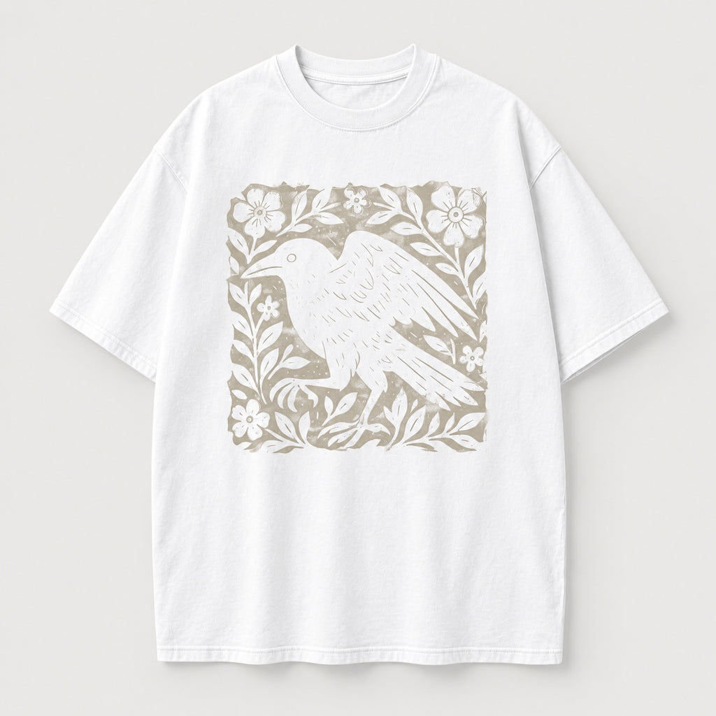 Gothic Raven Floral T-Shirt, Sweatshirt & Hoodie – Vintage Linocut Crow Graphic, Dark Academia Witchy Style