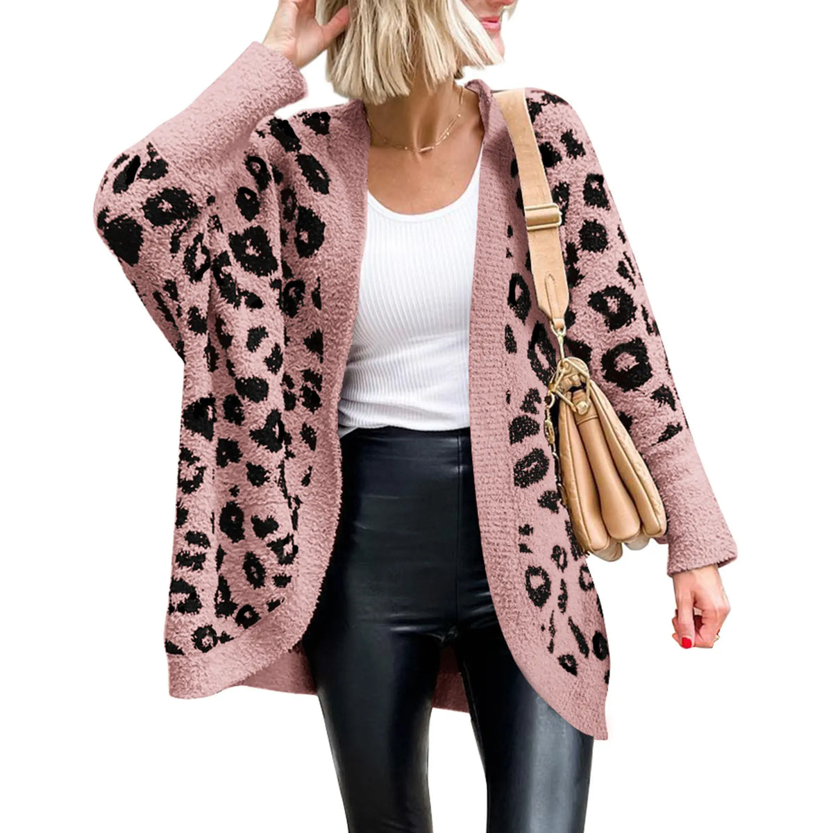 Leopard Print Fuzzy Knit Cardigan – Cozy Open Front Oversized Sweater, Casual Fall & Winter Layering
