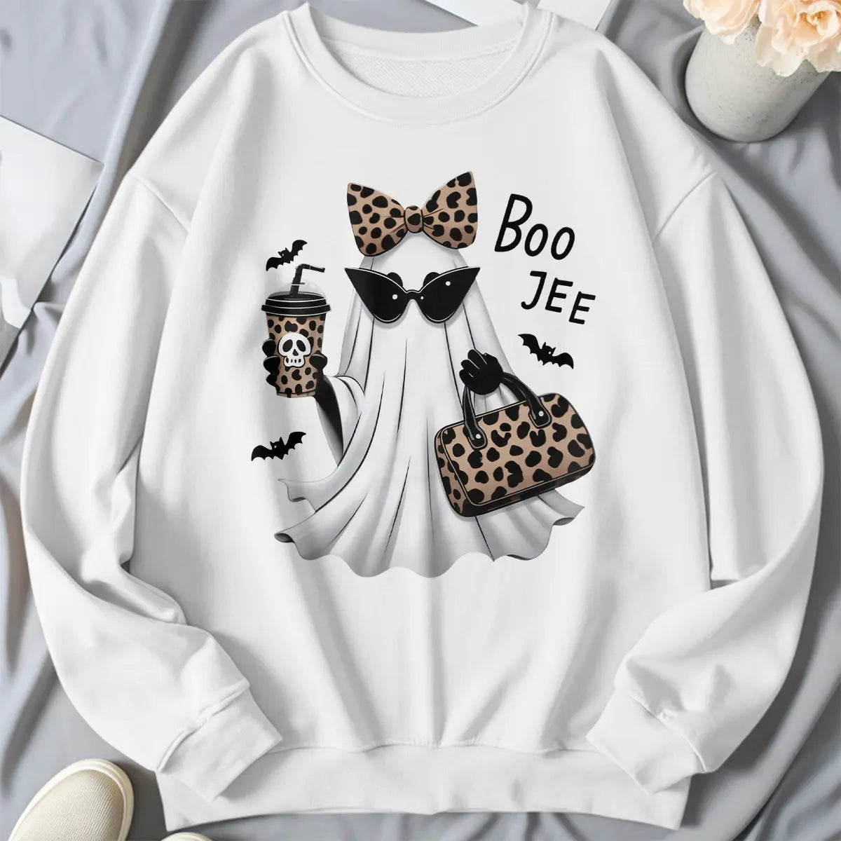 Boo-Jee Ghost Graphic T-Shirt, Sweatshirt & Hoodie – Leopard Print Halloween Ghost Design, Funny Fall Streetwear Apparel