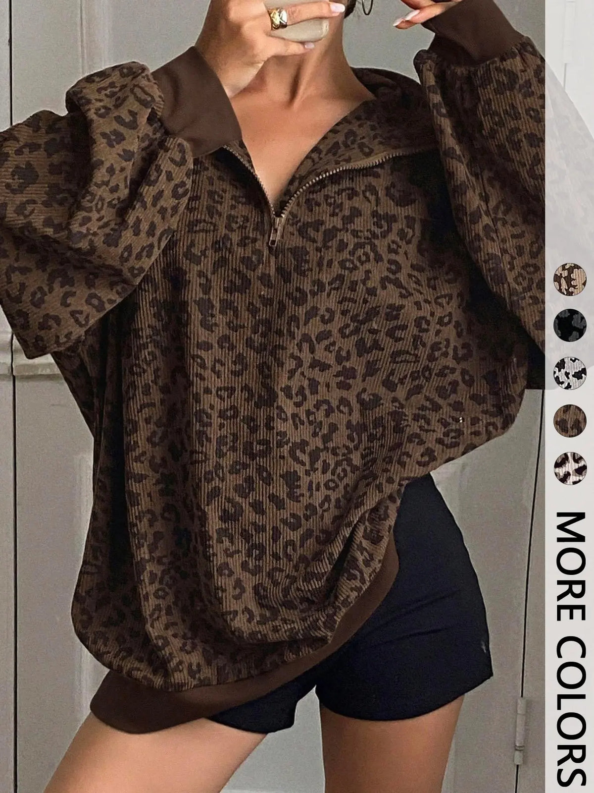 Women's Leopard Print Half Zip Pullover – Oversized Drop Shoulder Long Sleeve Top, Contrast Trim Casual Streetwear Sweatshirt