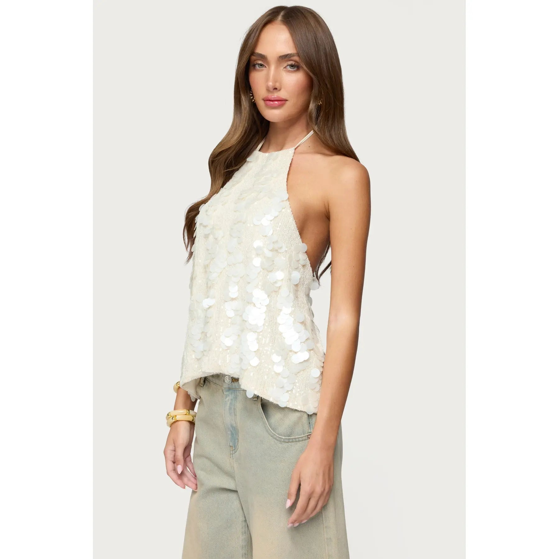 Women's Sequin Halter Top – Backless Sleeveless Party Tank, Elegant Summer Going Out Blouse