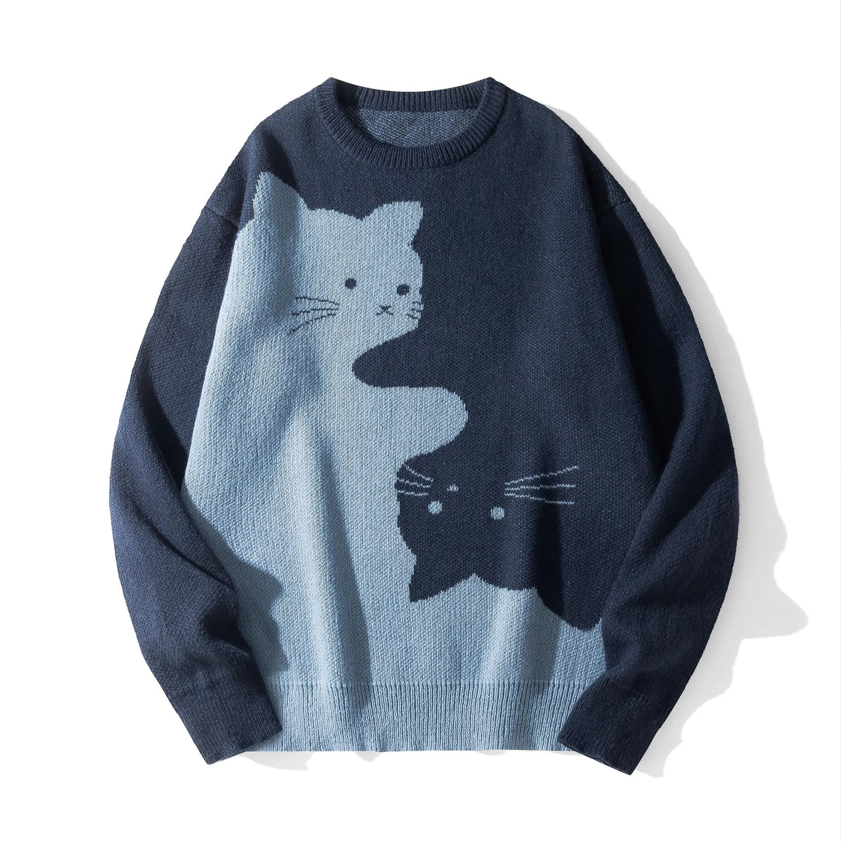 Funny Cat Graphic Knit Sweater – Oversized Crew Neck Pullover, Cute Black & White Cat Pattern Long Sleeve Knitwear, Casual Cozy Fall Winter Streetwear