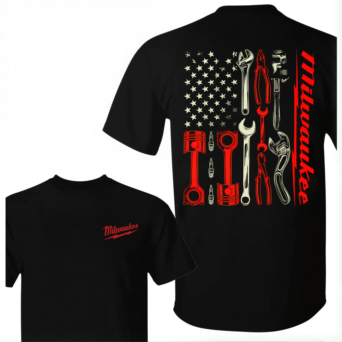 Milwaukee Tools Mechanic American Flag Graphic T-Shirt, Sweatshirt & Hoodie – Vintage Workwear Tool Design