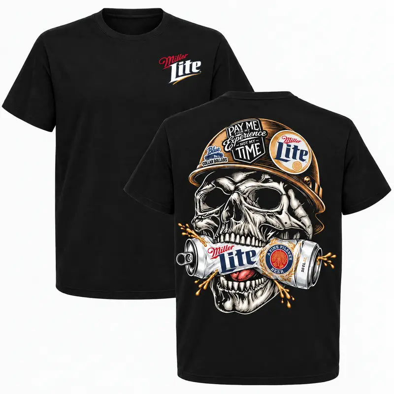 Miller Lite Skull Blue Collar Graphic T-Shirt, Sweatshirt & Hoodie – Beer Lover Workwear & Tradesman Graphic Apparel