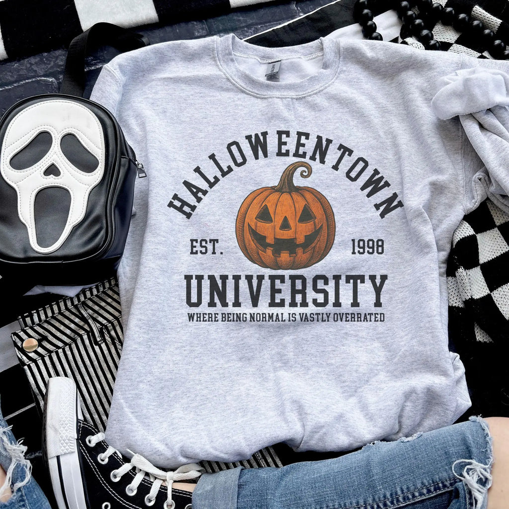 Halloween Town University Pumpkin Sweatshirt – Vintage Collegiate Graphic Crewneck, Spooky Season Fall Pullover for Halloween Lovers