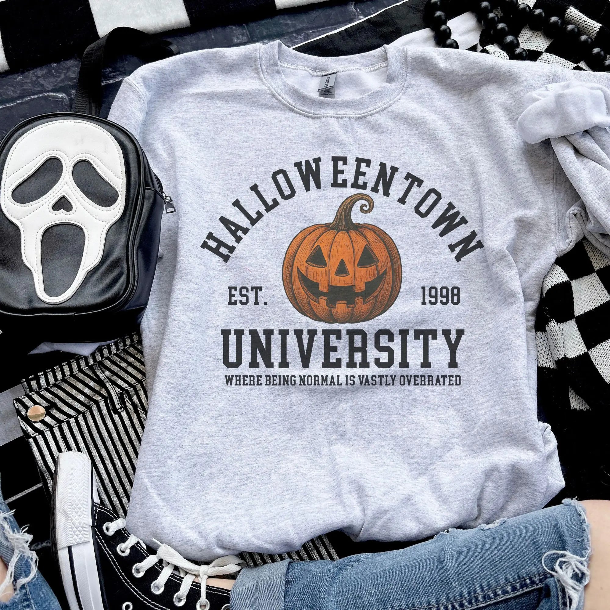 Halloween Town University Pumpkin Sweatshirt – Vintage Collegiate Graphic Crewneck, Spooky Season Fall Pullover for Halloween Lovers