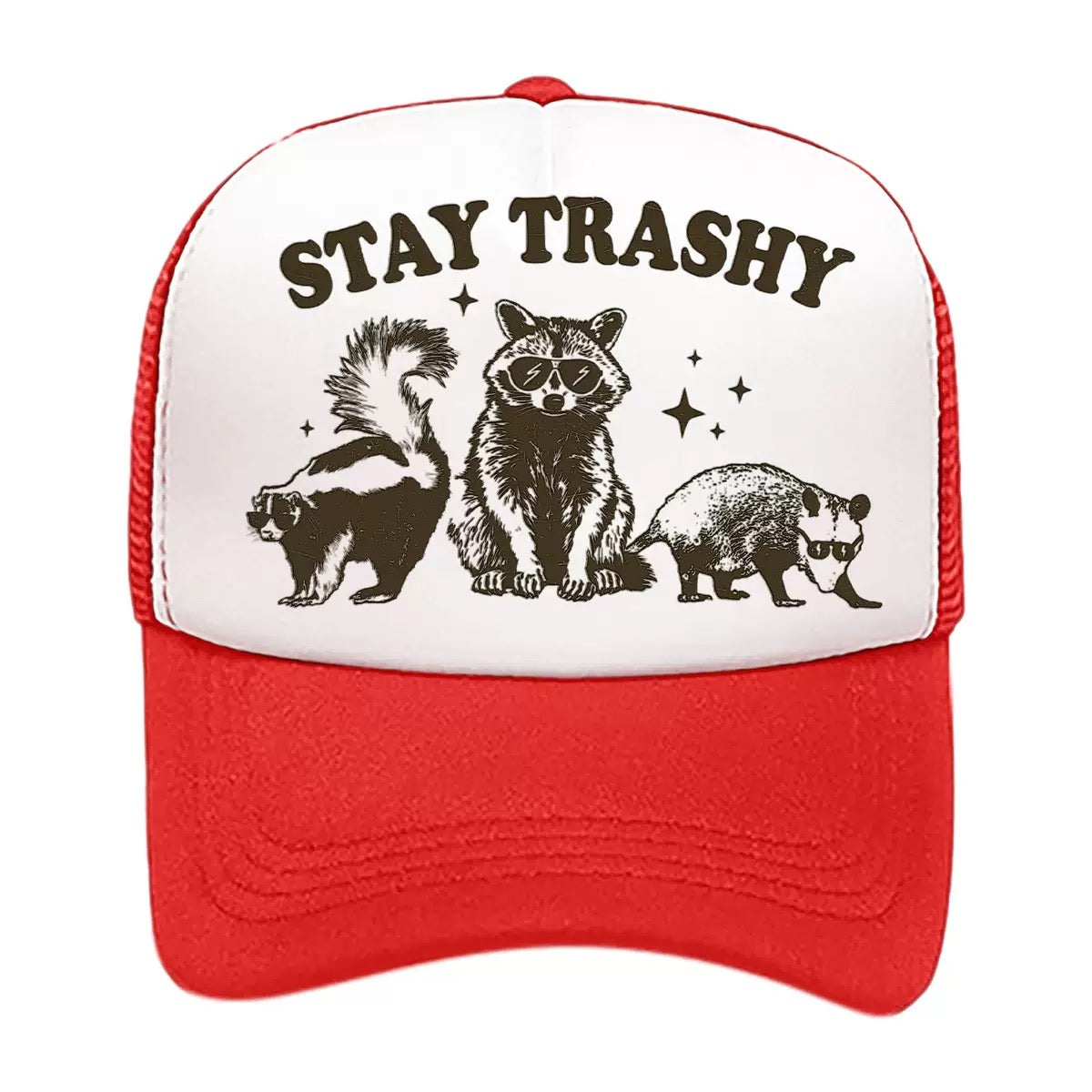 Stay Trashy Foam Trucker Hat – Funny Woodland Animal Graphic Mesh Baseball Cap for Men & Women