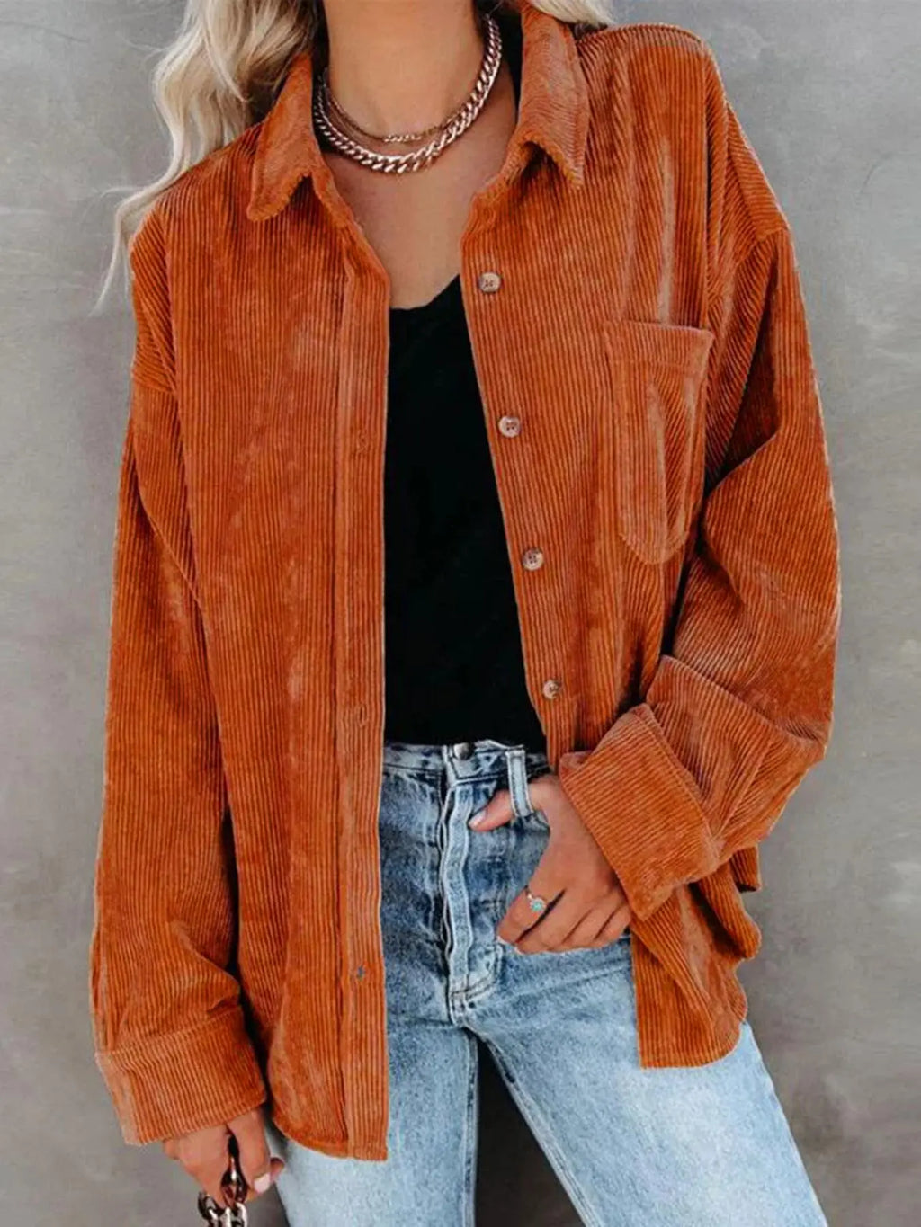 Women’s Oversized Corduroy Button-Down Shirt – Casual Long Sleeve Pocket Shacket with Drop Shoulder