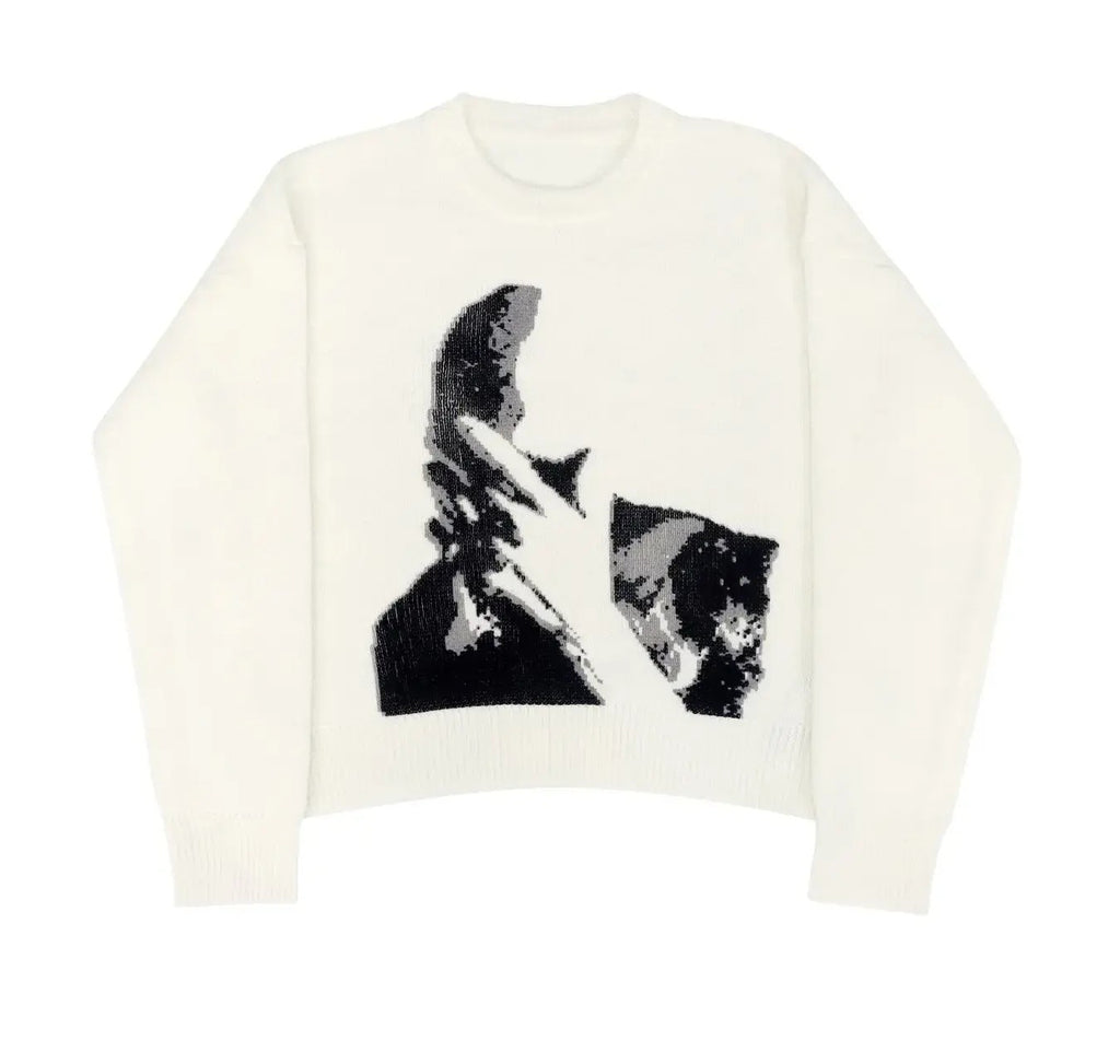 Vintage Figure Graphic Knit Sweater – Retro Art Round Neck Long Sleeve Pullover