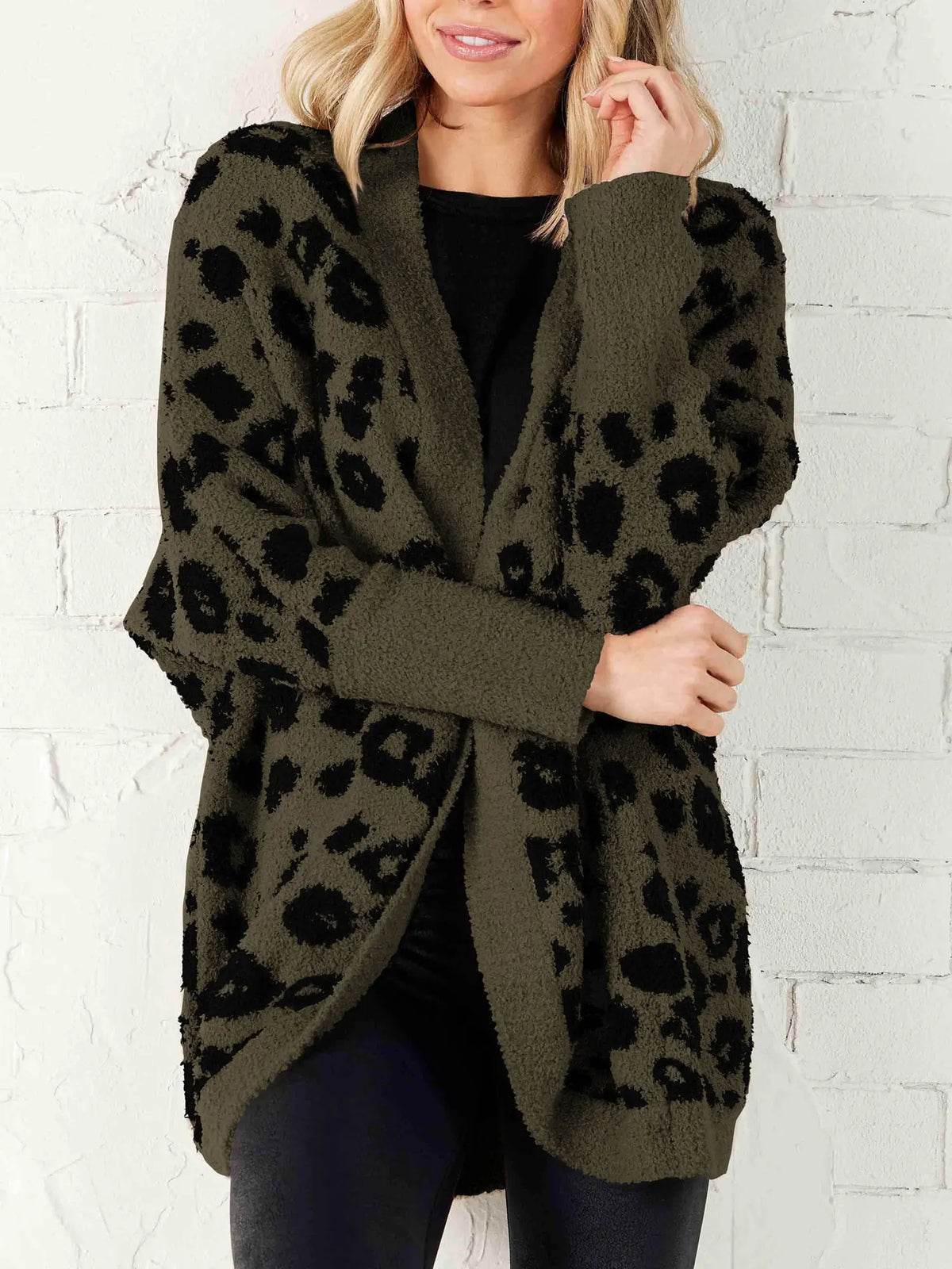 Leopard Print Fuzzy Knit Cardigan – Cozy Open Front Oversized Sweater, Casual Fall & Winter Layering