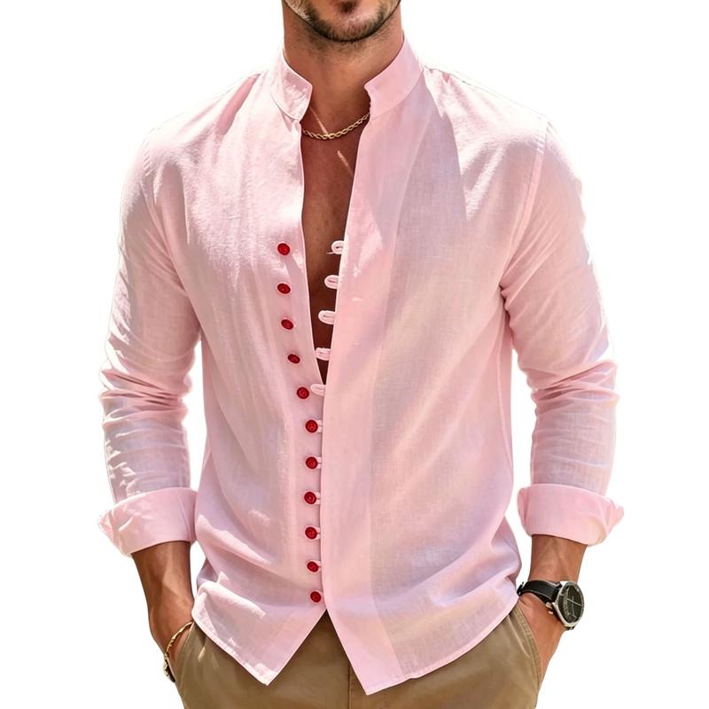 Men’s Stand Collar Linen Shirt – Button Front Long Sleeve Casual Shirt, Minimalist Summer Resort Style