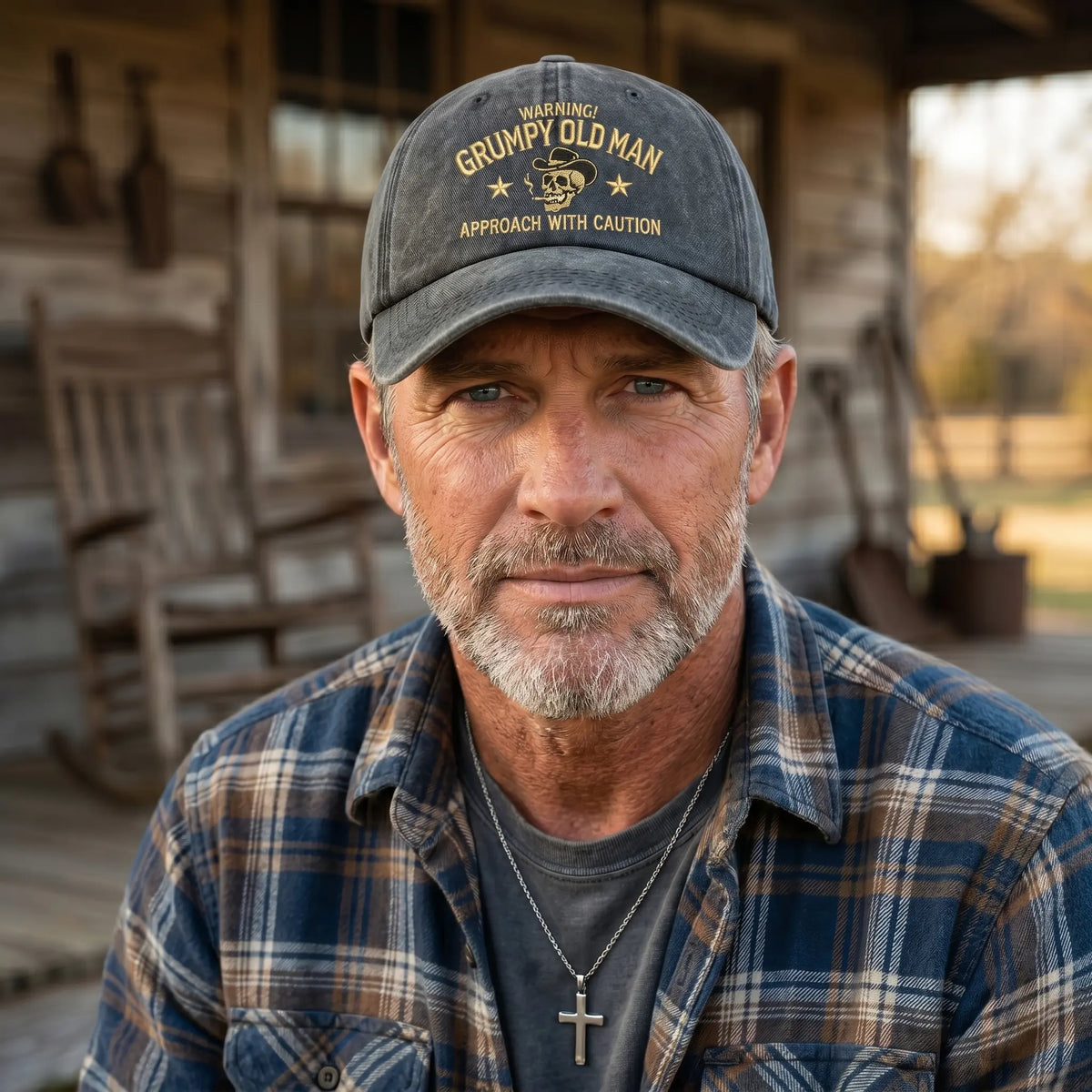 Grumpy Old Man Hat – Warning Approach with Caution Funny Baseball Cap, Vintage Washed Skull Dad Hat for Men