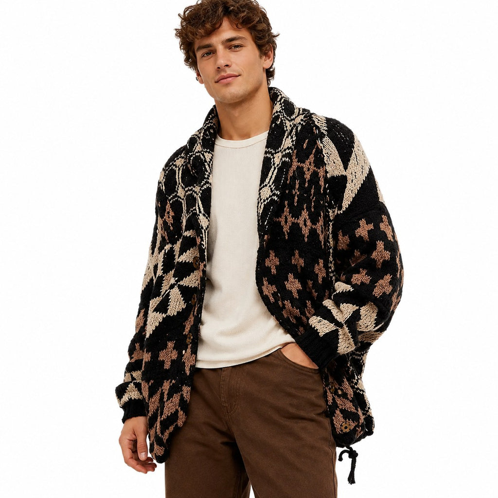 Unisex Oversized Patterned Knit Cardigan – Vintage Boho Button-Front Sweater, Relaxed Long Sleeve Casual Fall Streetwear