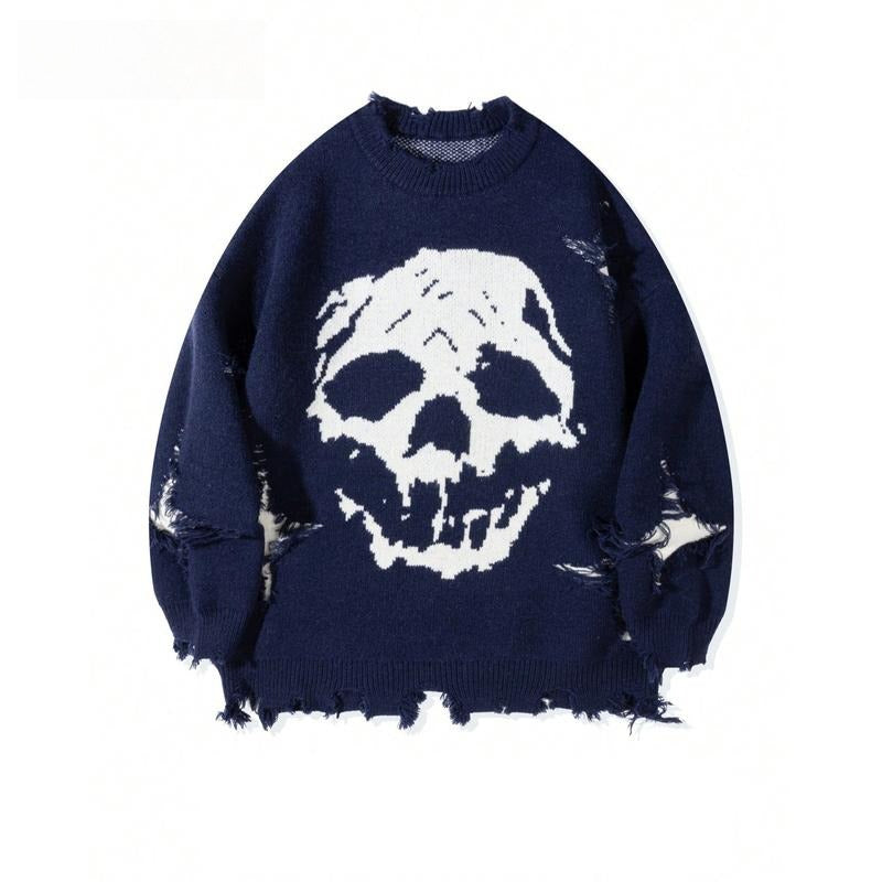 Vintage Distressed Skull Knit Sweater – Gothic Ripped Graphic Pullover, Alternative Streetwear
