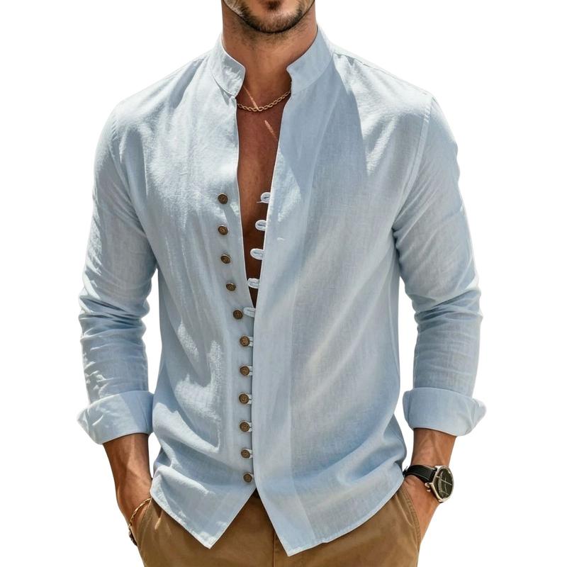 Men’s Stand Collar Linen Shirt – Button Front Long Sleeve Casual Shirt, Minimalist Summer Resort Style