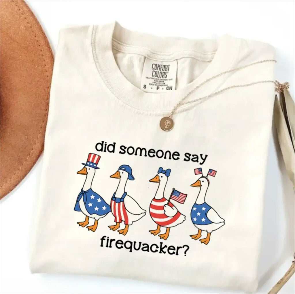 Firequacker Goose T-Shirt/Sweatshirt/Hoodie – Funny Patriotic American Flag Graphic Tee for America 250, 4th of July & Independence Day