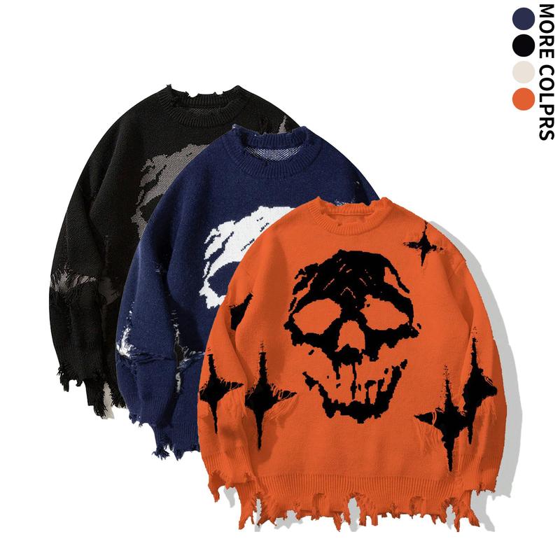 Vintage Distressed Skull Knit Sweater – Gothic Ripped Graphic Pullover, Alternative Streetwear