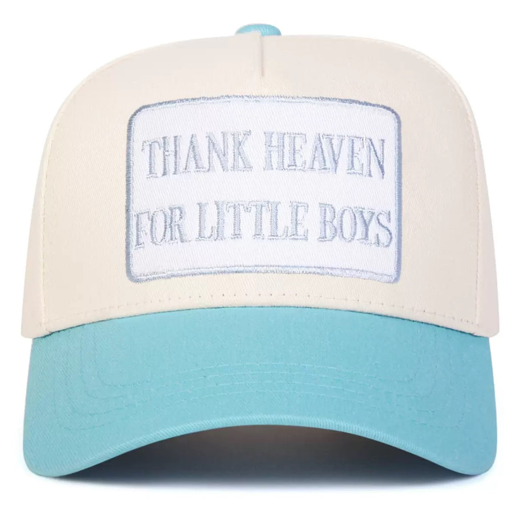 "Thank Heaven for Little Boys" Embroidered Two-Tone Mesh Trucker Hat – Boy Mom Statement Baseball Cap, Mother's Day Gift for Moms