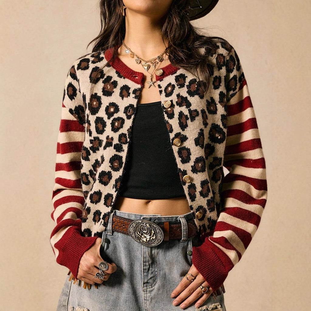 Women's Leopard Print Striped Knit Cardigan – Retro Western Button Front Long Sleeve Sweater