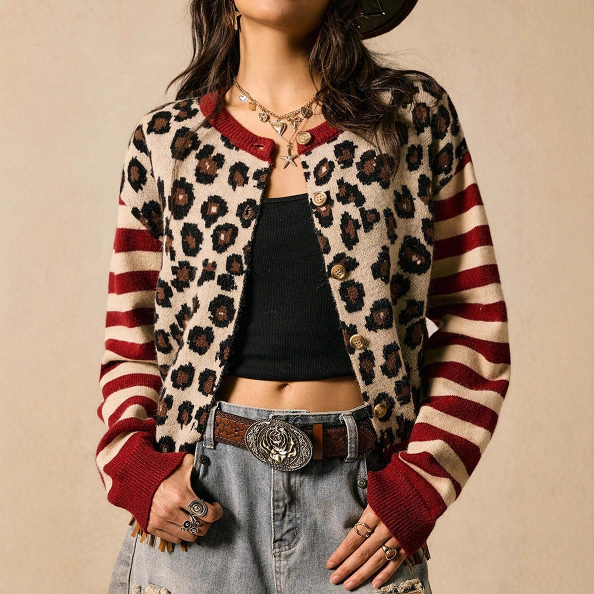Women's Leopard Print Striped Knit Cardigan – Retro Western Button Front Long Sleeve Sweater