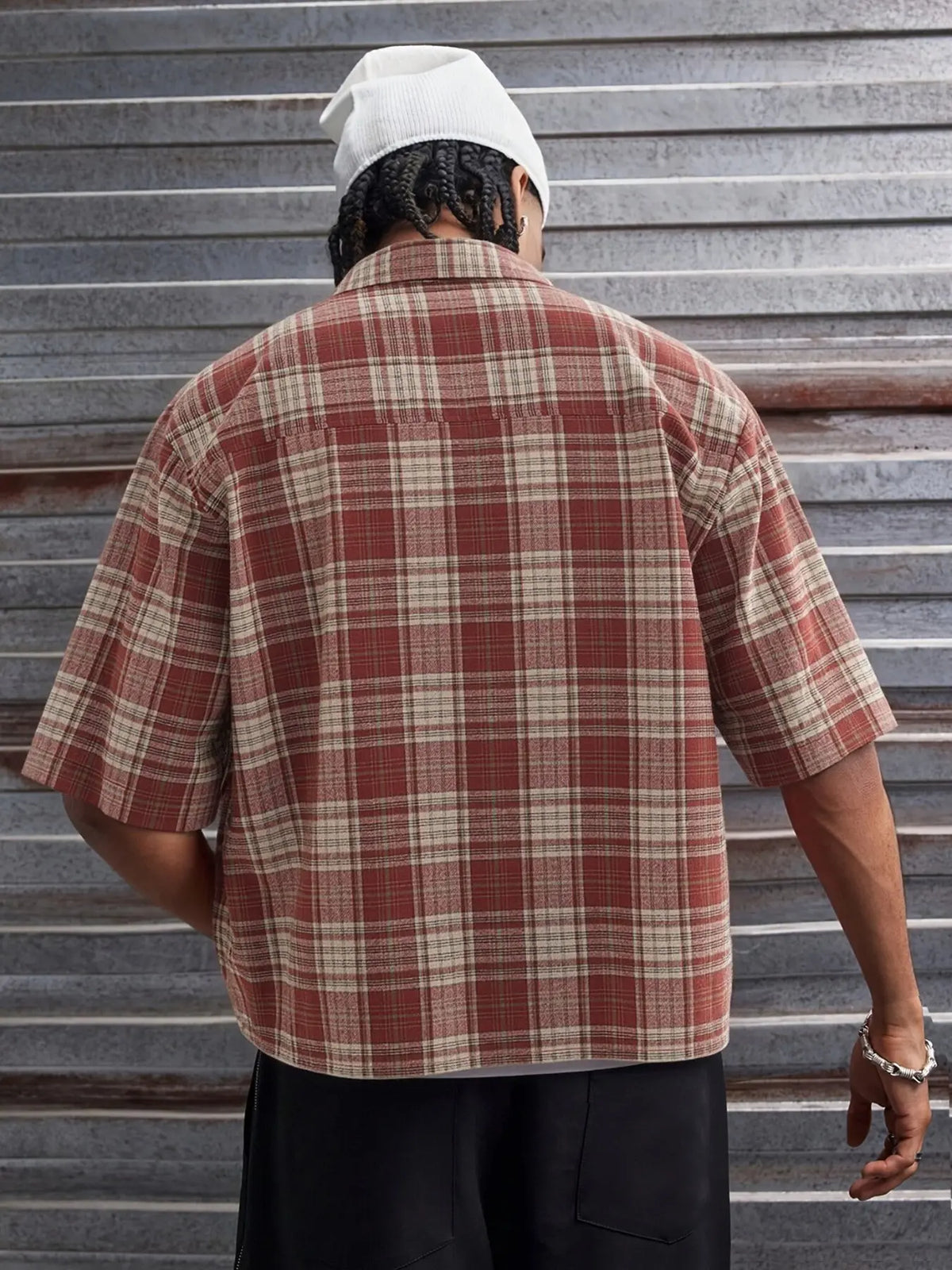 Men’s Plaid Short Sleeve Button-Up Shirt – Relaxed Fit Cropped Collared Shirt, Casual Vintage Streetwear Top