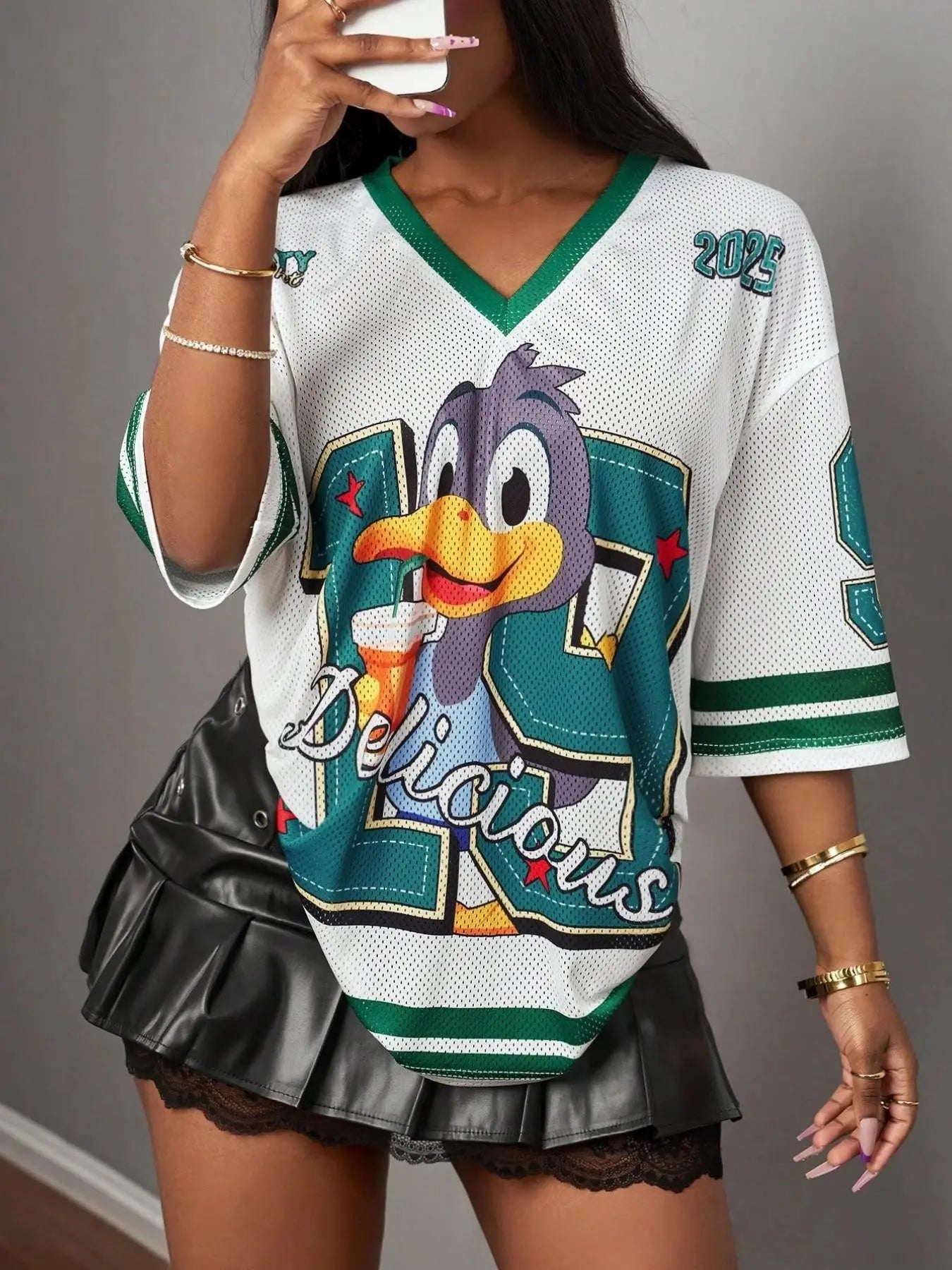 Y2K Retro Mesh Duck Smile Print Sporty Jersey, Women's Breathable V-Neck T-Shirt, Streetwear Festival Daily Fashion Top