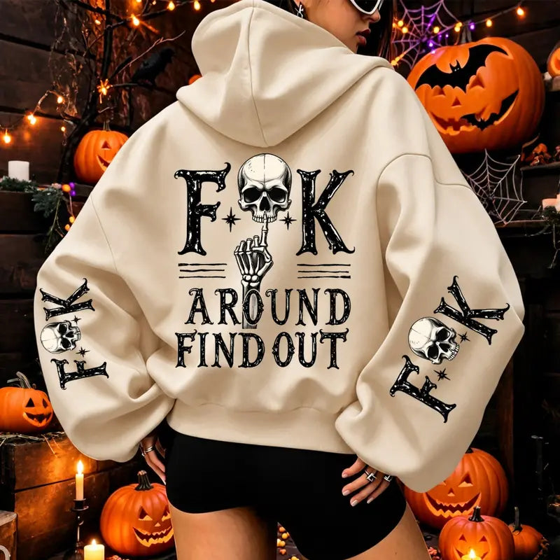 FAFO Fuck Around And Find Out Skull Graphic T-Shirt, Sweatshirt & Hoodie – Gothic Halloween Back & Sleeve Print