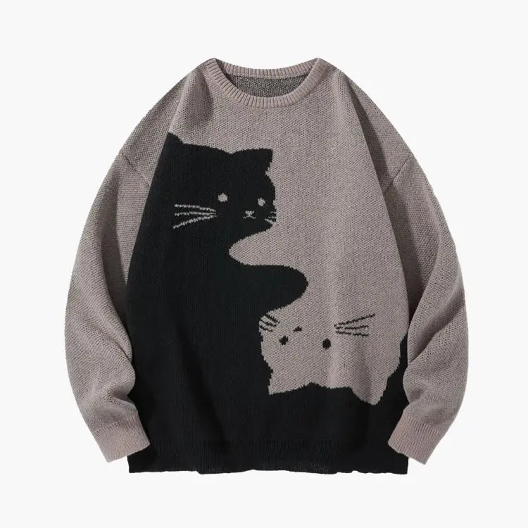 Funny Cat Graphic Knit Sweater – Oversized Crew Neck Pullover, Cute Black & White Cat Pattern Long Sleeve Knitwear, Casual Cozy Fall Winter Streetwear