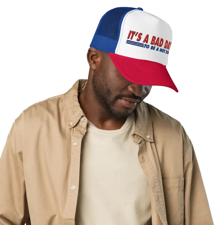 It's a Bad Day to Be a Hot Dog Embroidered Trucker Hat – Funny Meme Foam Snapback Cap, Retro Summer Statement Hat