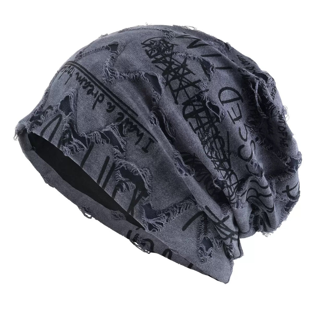 Vintage Graffiti Print Slouchy Beanie – Streetwear Graphic Skull Cap, Soft Stretch Knit Hat for Men & Women