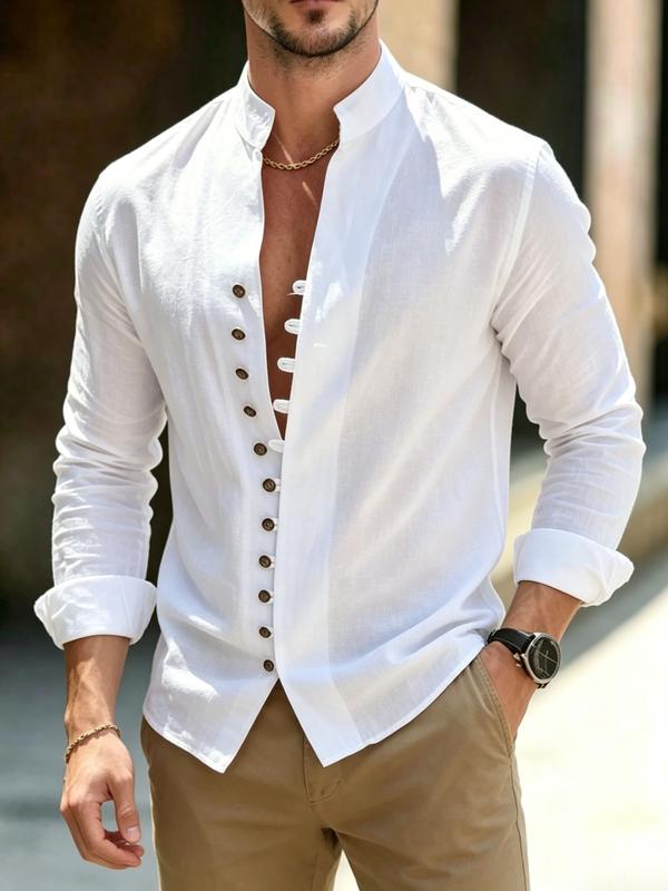Men’s Stand Collar Linen Shirt – Button Front Long Sleeve Casual Shirt, Minimalist Summer Resort Style