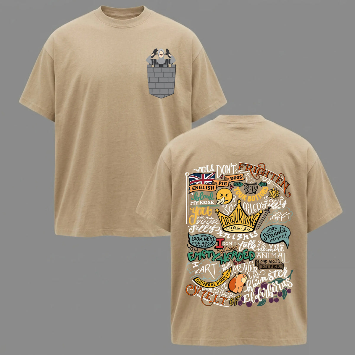 Monty Python and the Holy Grail 2-Sided Graphic T-Shirt, Sweatshirt & Hoodie – Classic British Comedy Movie Shirt