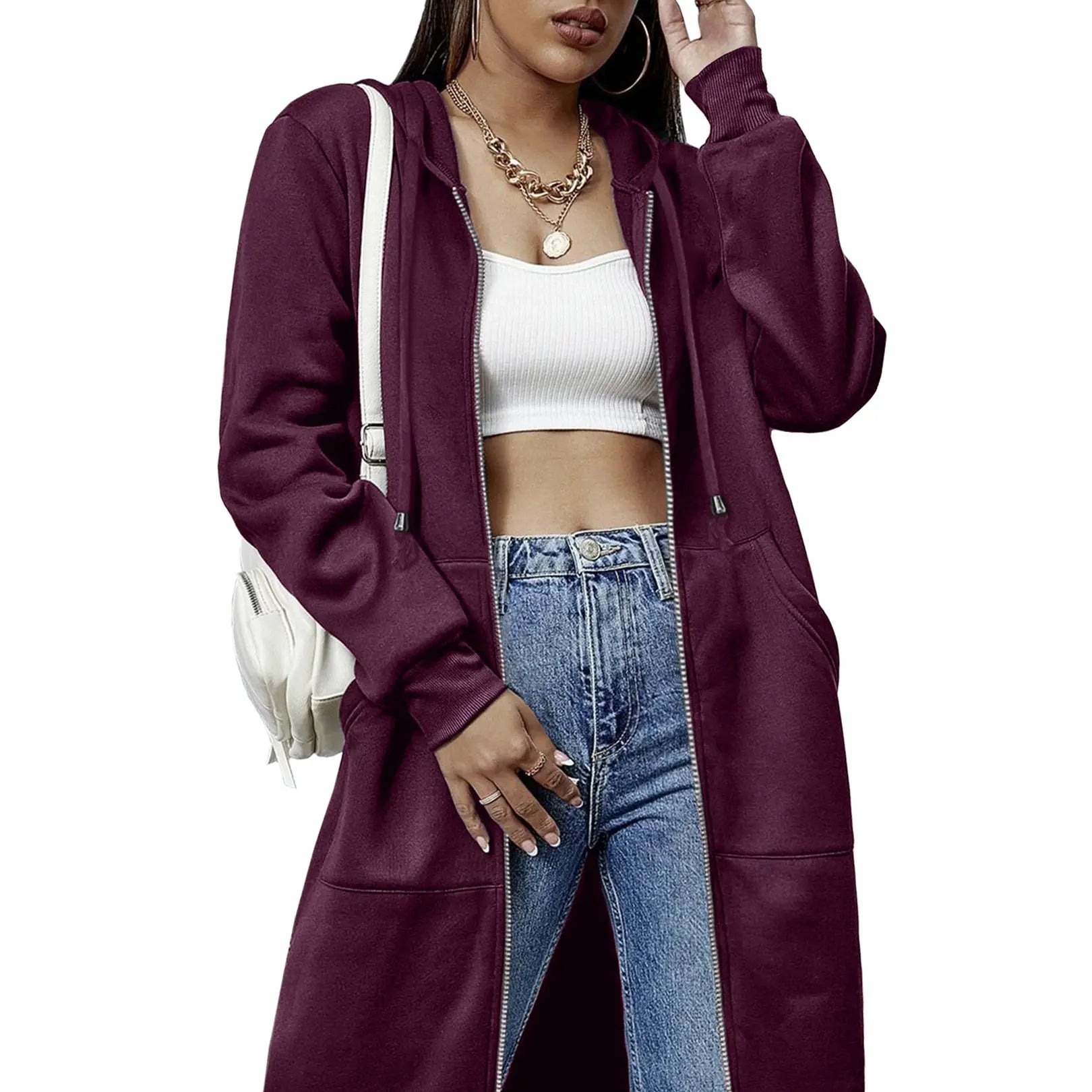 Women's Long Zip Up Hoodie Jacket – Casual Hooded Sweatshirt Coat, Longline Streetwear Outerwear for Fall & Everyday Wear