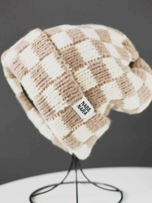 Checkerboard Knit Beanie – Trendy Cuffed Winter Hat, Casual Streetwear Accessory for Men & Women