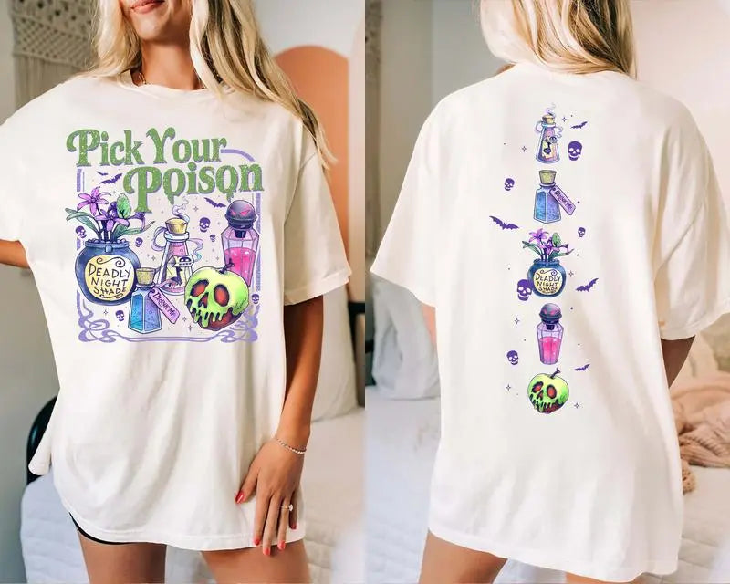 Pick Your Poison Halloween T-Shirt, Sweatshirt & Hoodie – Spooky Potion & Poison Apple Front and Back Graphic