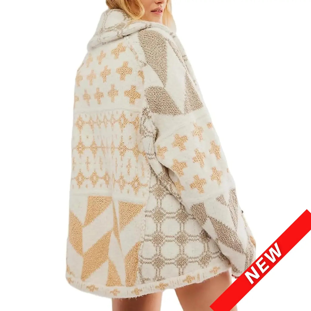 Unisex Oversized Patterned Knit Cardigan – Vintage Boho Button-Front Sweater, Relaxed Long Sleeve Casual Fall Streetwear