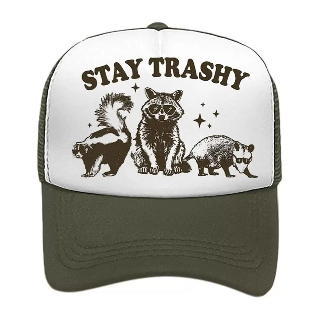 Stay Trashy Foam Trucker Hat – Funny Woodland Animal Graphic Mesh Baseball Cap for Men & Women