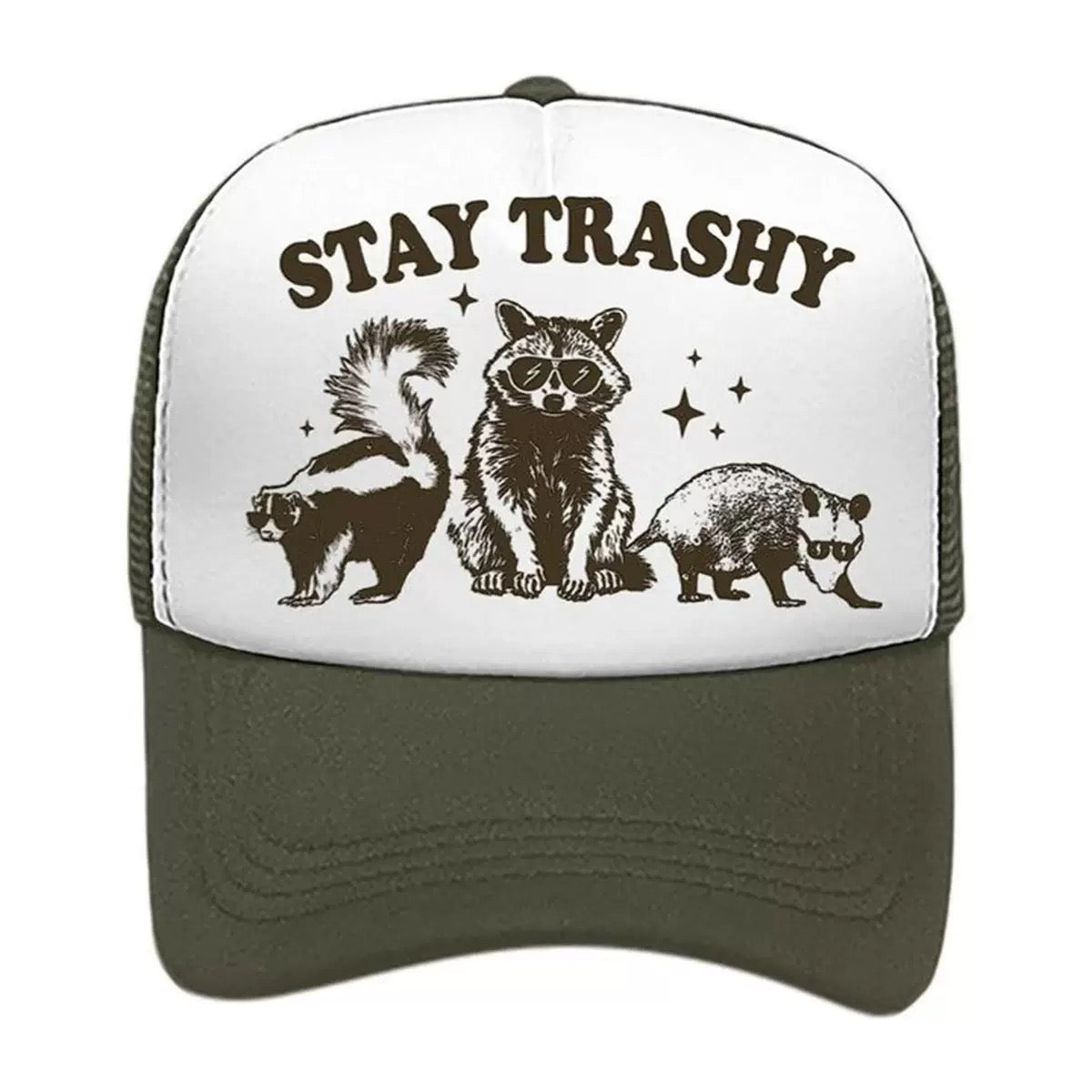 Stay Trashy Foam Trucker Hat – Funny Woodland Animal Graphic Mesh Baseball Cap for Men & Women