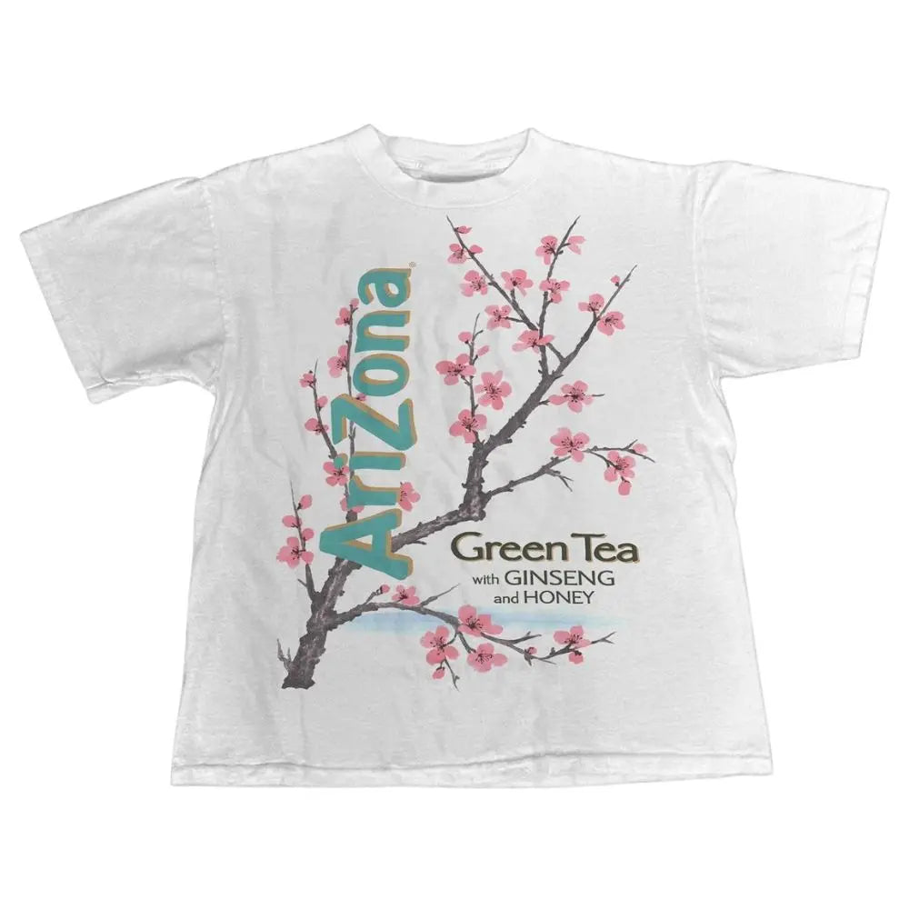 Vintage Cherry Blossom Green Tea Graphic T-Shirt/Sweatshirt/Hoodie – Retro Floral Beverage Print Streetwear Apparel