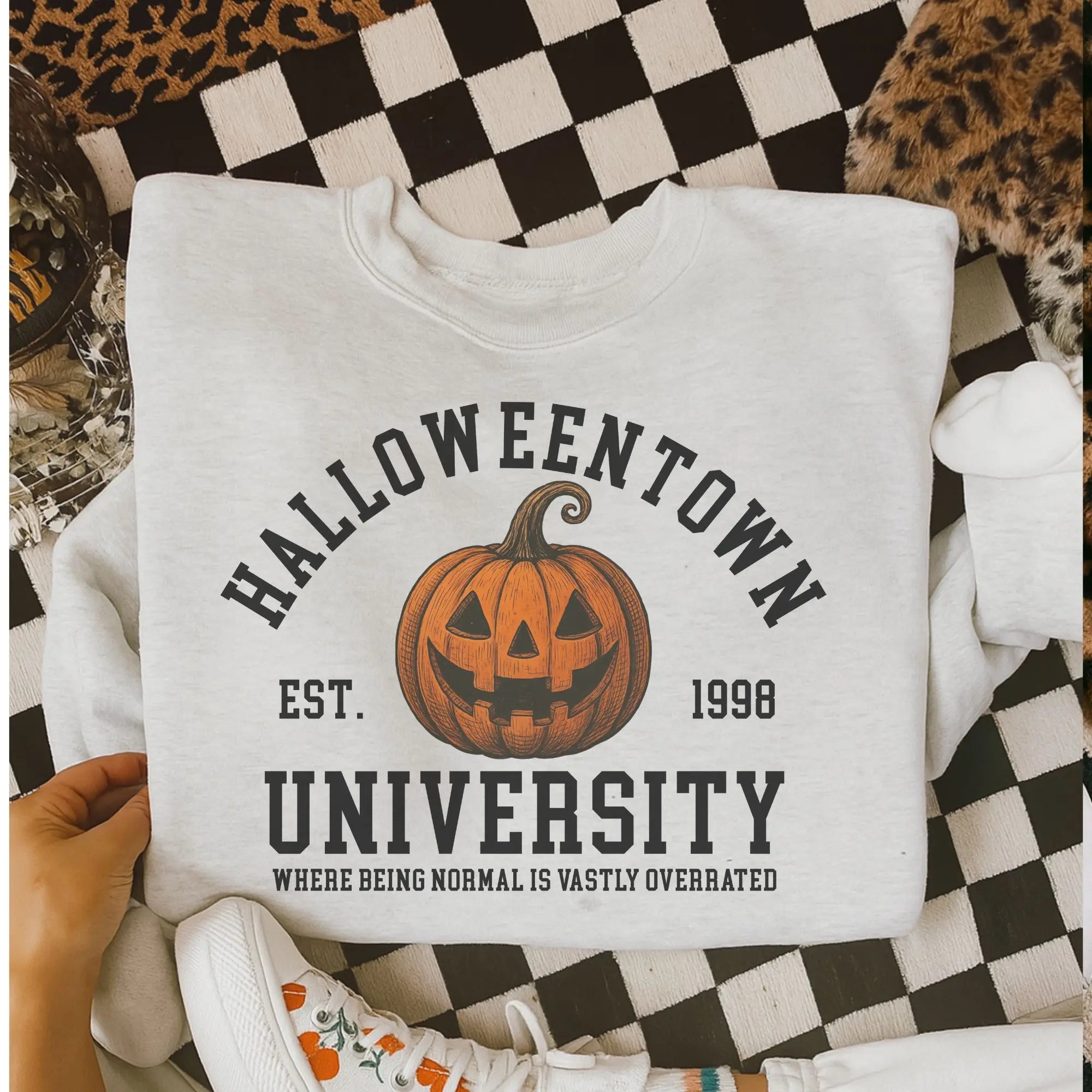 Halloween Town University Pumpkin Sweatshirt – Vintage Collegiate Graphic Crewneck, Spooky Season Fall Pullover for Halloween Lovers