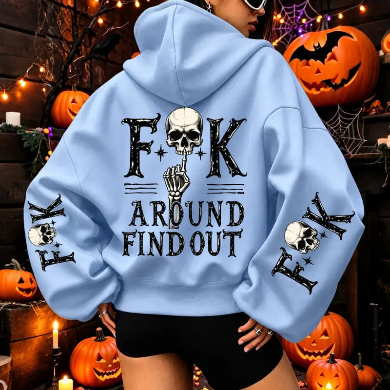 FAFO Fuck Around And Find Out Skull Graphic T-Shirt, Sweatshirt & Hoodie – Gothic Halloween Back & Sleeve Print