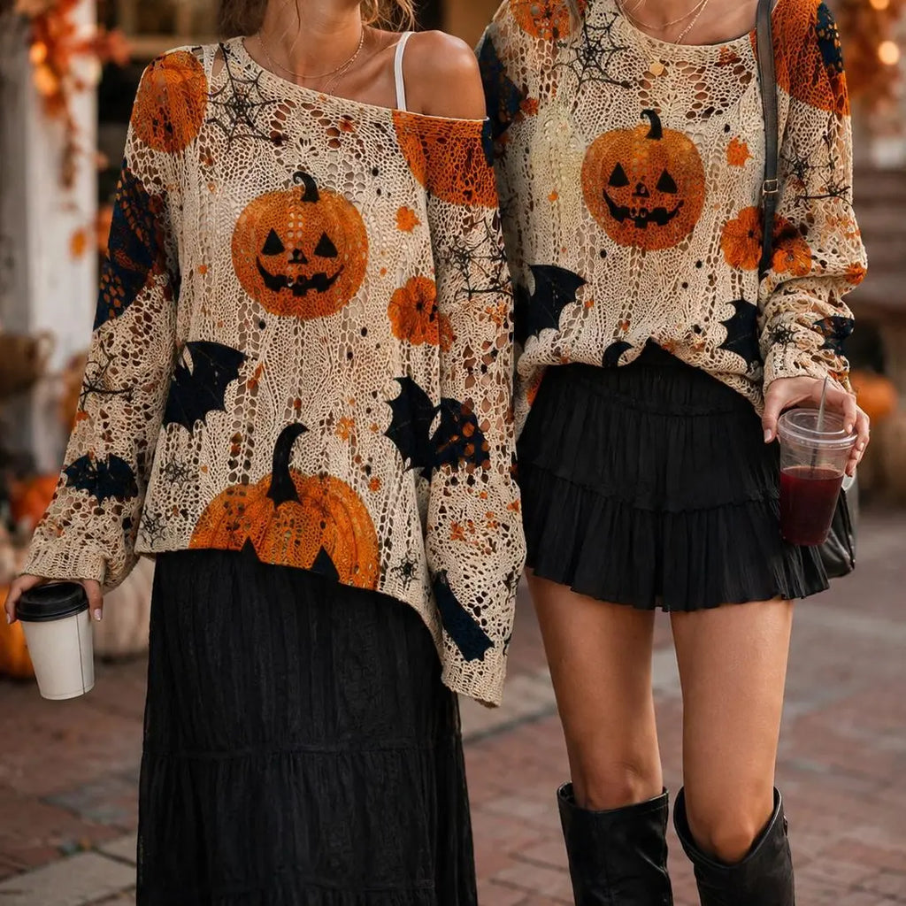 Halloween Pumpkin Bat Open Knit Sweater – Oversized Crochet Pullover with Spider Web Details, Spooky Fall Casual Knit Top